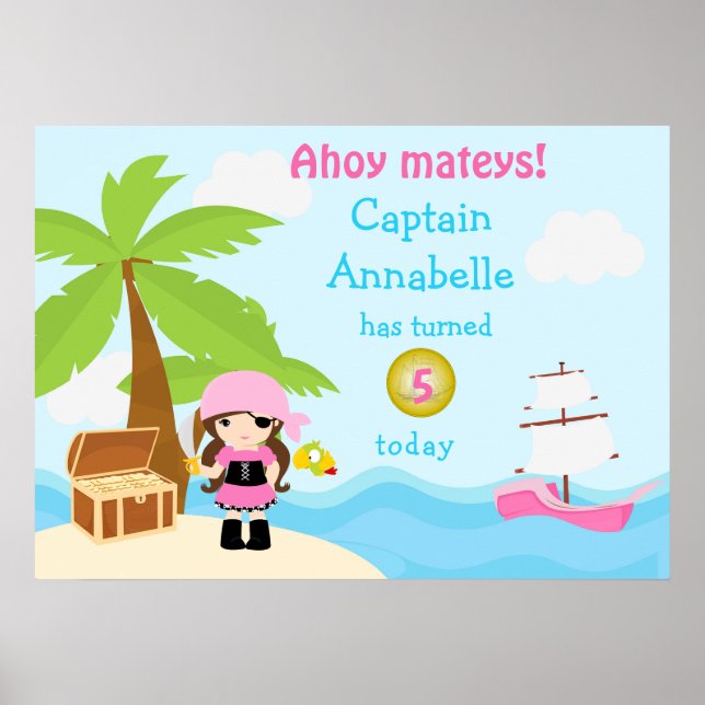 Niedliches Brünettes Piratenmädchen in Rosa Geburt Poster (Vorne)
