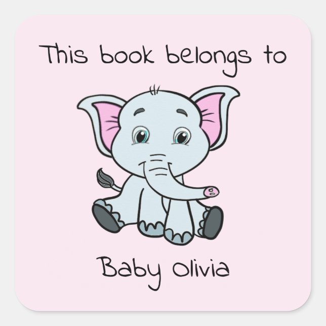 Niedliches Buchzeichen Pink Elephant Girl Baby Dus Quadratischer Aufkleber (Vorderseite)