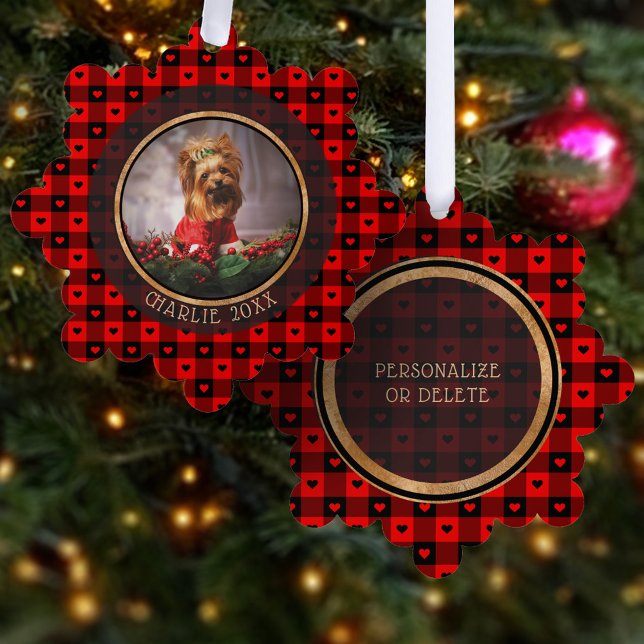 Niedliches Buffalo Kariert Hearts Custom Dog Weihn Ornament Karte (Von Creator hochgeladen)