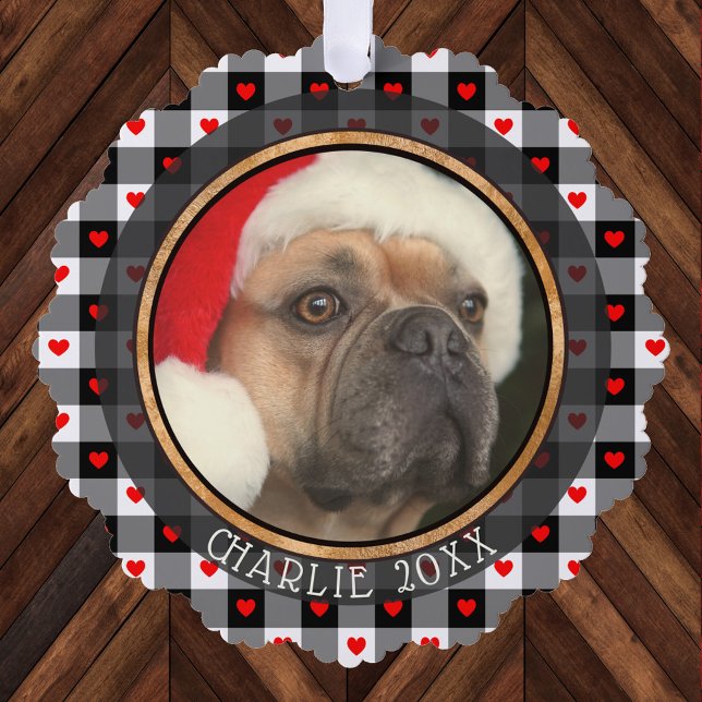 Niedliches Buffalo Kariert Hearts Custom Dog Weihn Ornament Karte (Von Creator hochgeladen)