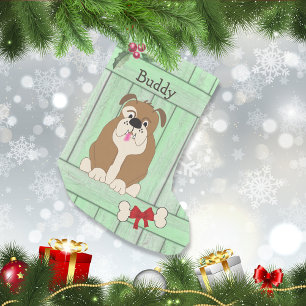 Niedliches Bulldoghund Grünes Holzzaun Monogramm Kleiner Weihnachtsstrumpf