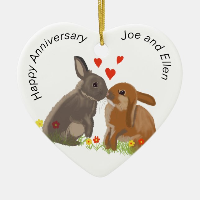 Niedliches Bunnies Kissing-Jubiläum Herz Keramik Ornament (Vorne)