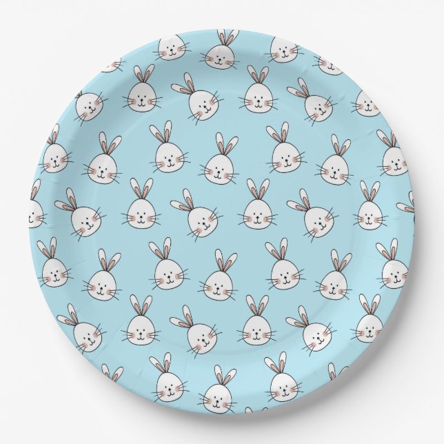 Niedliches Bunny Face Pattern auf Light Blue Pappteller (Vorderseite)