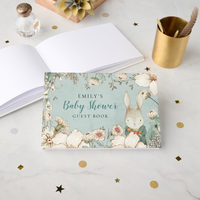 Niedliches Bunny Foliage Power Blue Baby Dusche Gästebuch (Vorderseite Offen)