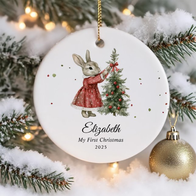 Niedliches Bunny Girl Baby's First Christmas Foto Keramik Ornament (Von Creator hochgeladen)