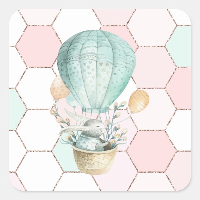 Niedliches Bunny in Air Ballon | Hexagon Muster Quadratischer Aufkleber (Vorderseite)
