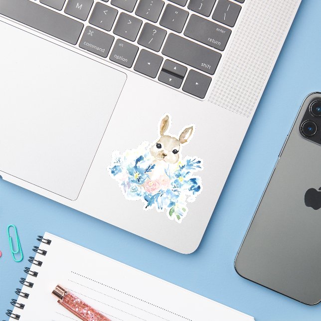 Niedliches Bunny mit Aquarellfarben-Blume Aufkleber (Laptop mit iPhone)