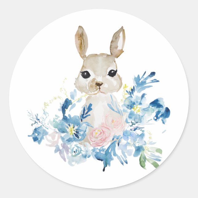 Niedliches Bunny mit Aquarellfarben-Blume Runder Aufkleber (Vorderseite)