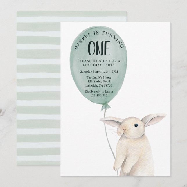 Niedliches Bunny mit Ballon Geburtstag Einladung (Vorne/Hinten)