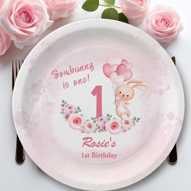 Niedliches Bunny Pink 1. Geburtstagsmädchen Pappteller (Cute Bunny Pink 1st Birthday Girl Floral Spring Paper Plates)