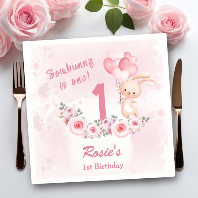 Niedliches Bunny Pink 1. Geburtstagsmädchen Serviette (Cute Bunny Pink 1st Birthday Girl Floral Spring Napkins)