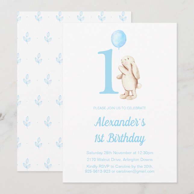 Niedliches Bunny Rabbit & Balloon Blue 1. Geburtst Einladung (Vorne/Hinten)
