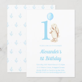 Niedliches Bunny Rabbit & Balloon Blue 1. Geburtst Einladung