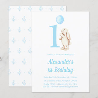 Niedliches Bunny Rabbit & Balloon Blue 1. Geburtst Einladung