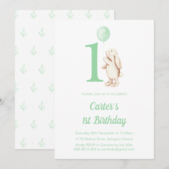 Niedliches Bunny Rabbit & Balloon Green 1. Geburts Einladung (Vorne/Hinten)