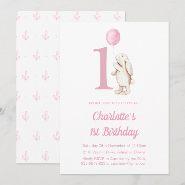 Niedliches Bunny Rabbit & Balloon Pink 1. Geburtst Einladung (Vorne/Hinten)