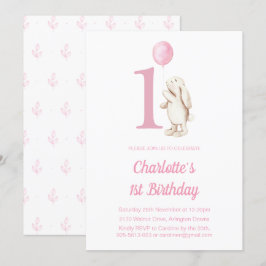Niedliches Bunny Rabbit & Balloon Pink 1. Geburtst Einladung