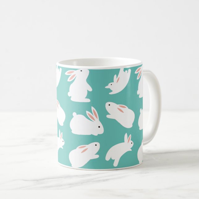 Niedliches Bunny Rabbit Pattern auf Aquamarinem Kaffeetasse (VorderseiteRechts)
