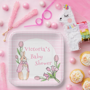 Niedliches Bunny Rabbit Pink Gingham Baby Dusche Pappteller
