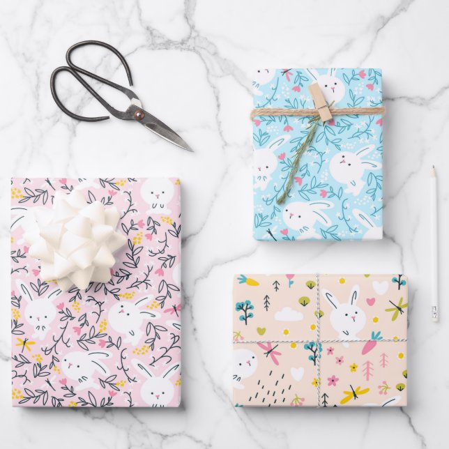Niedliches Bunny Rabbits Wrapping Paper Set 3 Geschenkpapier Set (Vorderseite)