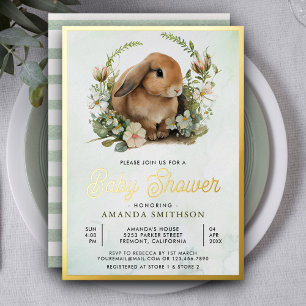Niedliches Bunny Sage Green Floral Baby Dusche Gol Folieneinladung