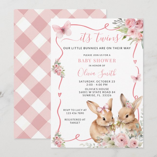Niedliches Bunny Twins Baby Duschmädchen Einladung (Vorne/Hinten)