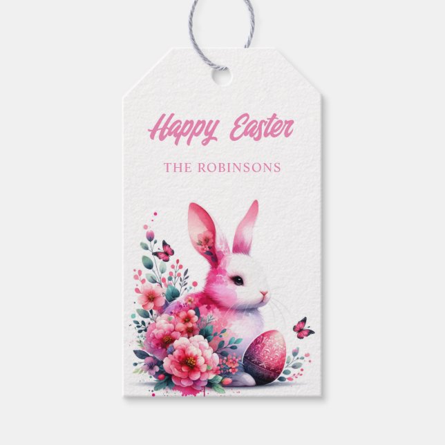 Niedliches Bunny Watercolor Blumenoster Geschenkanhänger (Vorderseite)