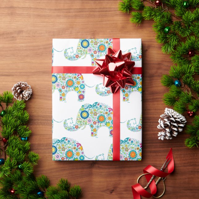Niedliches, buntes, florales Elefantenmuster Geschenkpapier (Feiertagsgeschenk)