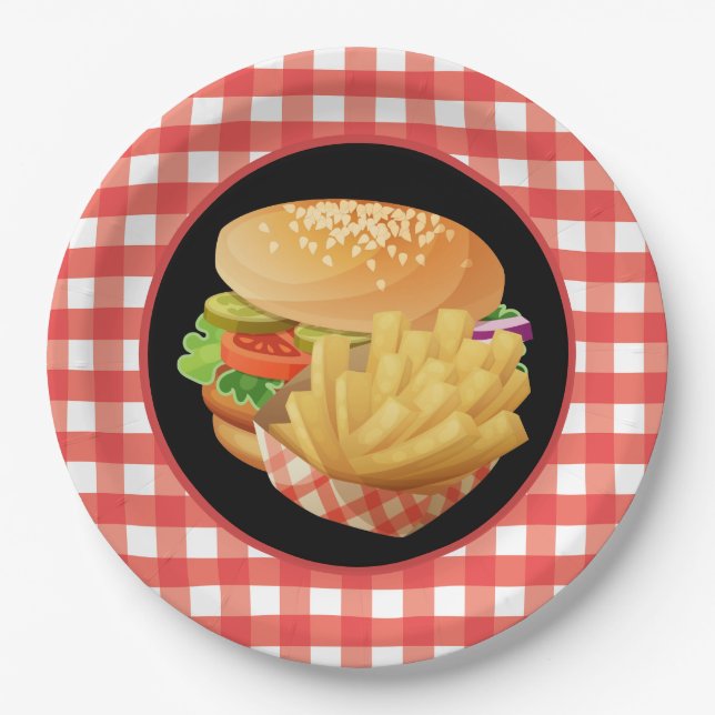 Niedliches Burger- und Fries-Party Pappteller (Vorderseite)
