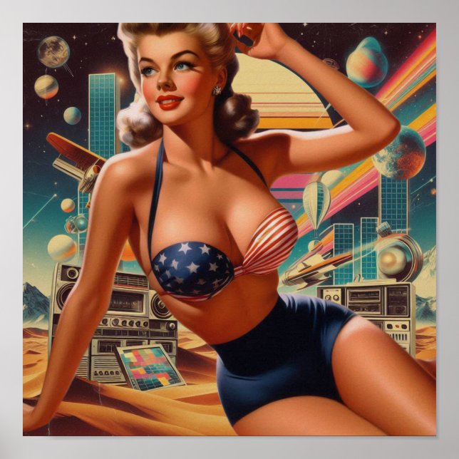 Niedliches Button des Retrofuturismus Poster (Vorne)