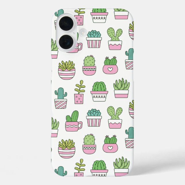 Niedliches Cacti Succules Pflanze Doodles Muster iPhone 16 Plus Hülle (Rückseite)