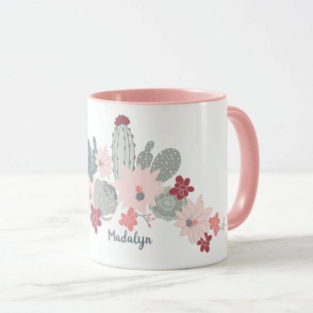 Niedliches Cactus rosa Succulents-Muster mit Name Tasse (Von Creator hochgeladen)