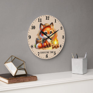 Niedliches Camping Abenteuer Zeit Fuchs Text hinzu Große Wanduhr