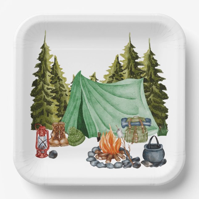Niedliches Camping Thema Campfire, Zelt, Wald Pappteller (Vorderseite)