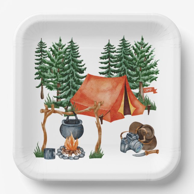 Niedliches Camping Thema Campfire, Zelt, Wald Pappteller (Vorderseite)