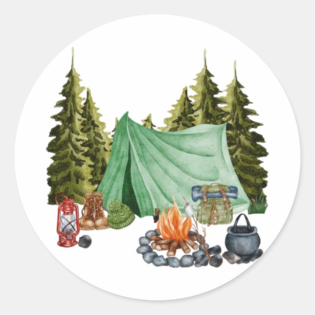 Niedliches Camping Thema Campfire, Zelt, Wald Runder Aufkleber (Vorderseite)