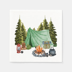 Niedliches Camping Thema Campfire, Zelt, Wald Serviette
