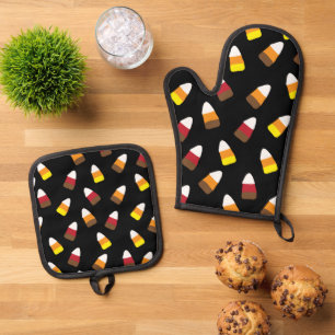Niedliches Candy Corn Pattern Halloween Ofenhandschuh & Topflappen-Set