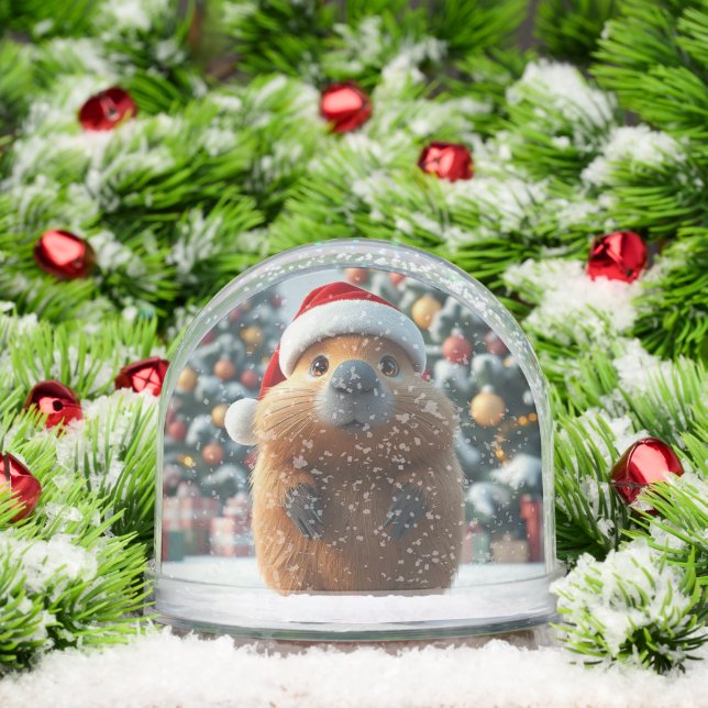 Niedliches Capybara in der Weihnachtsmannmütze Wei Schneekugeln (Weihnachten)