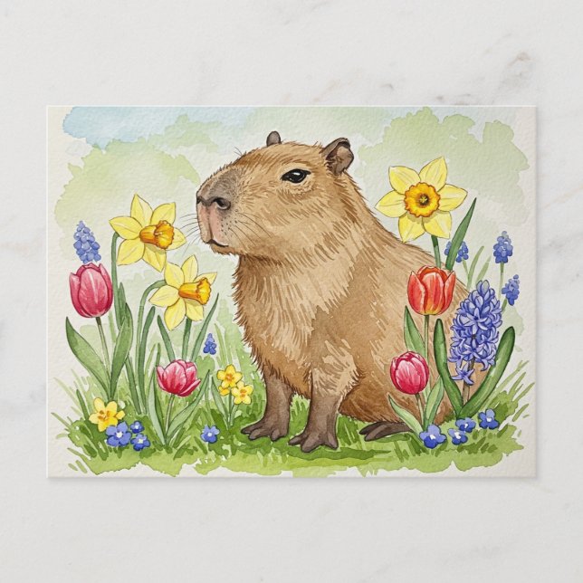 Niedliches Capybara mit Frühlingsblumen Postkarte (Vorderseite)