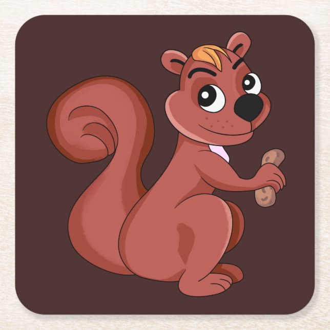 Niedliches Cartoon Eichhörnchen mit Erdnusspapier  Rechteckiger Pappuntersetzer (Vorderseite)