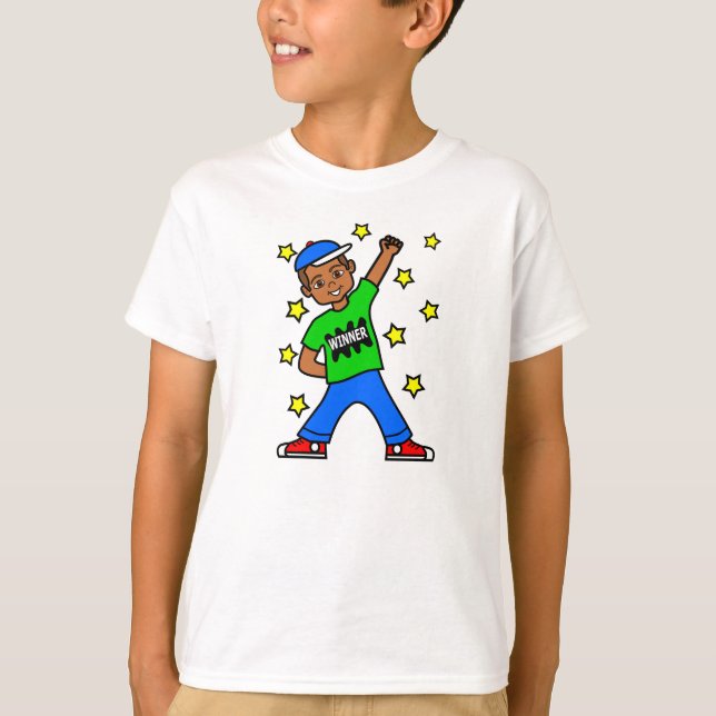 Niedliches Cartoon-Jungen-Sieger-Bild T-Shirt (Vorderseite)