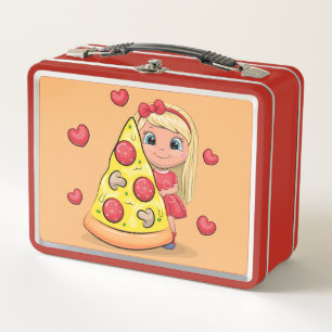 Niedliches Cartoon mit einem großen Stück Pizza. Metall Brotdose