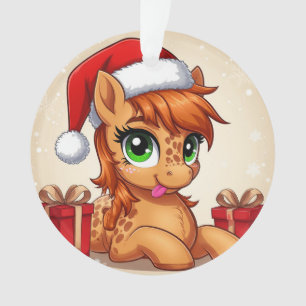 Niedliches Cartoon-Pony mit Weihnachtsmannmütze Ornament