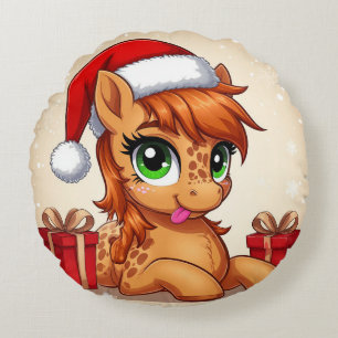 Niedliches Cartoon-Pony mit Weihnachtsmannmütze Rundes Kissen