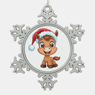 Niedliches Cartoon-Pony mit Weihnachtsmütze und -s Schneeflocken Zinn-Ornament
