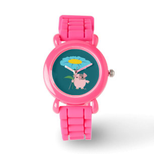 Niedliches Cartoon-Schwein mit Geschenk-(blauer) Armbanduhr
