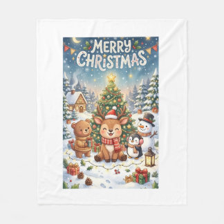 • Niedliches Cartoon-Weihnachtsrentier und Freunde Fleecedecke