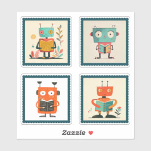 Niedliches Cartoony Roboter Lesekorb Briefmarke Pa Aufkleber