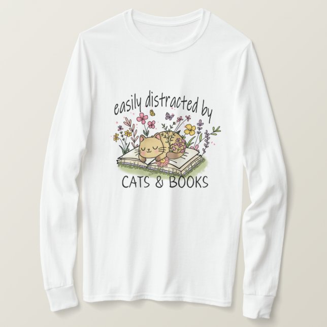 Niedliches Cat and Books Shirt Floral Cat & Books  (Design vorne)